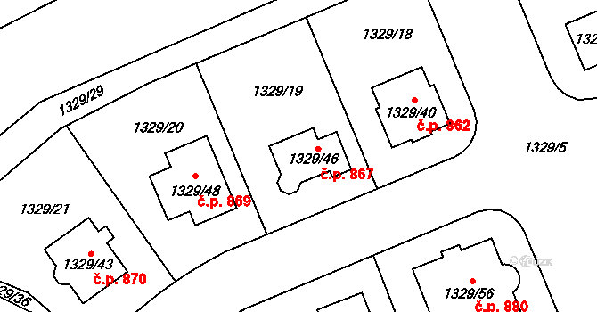 Dolní Počernice 867, Praha na parcele st. 1329/46 v KÚ Dolní Počernice, Katastrální mapa