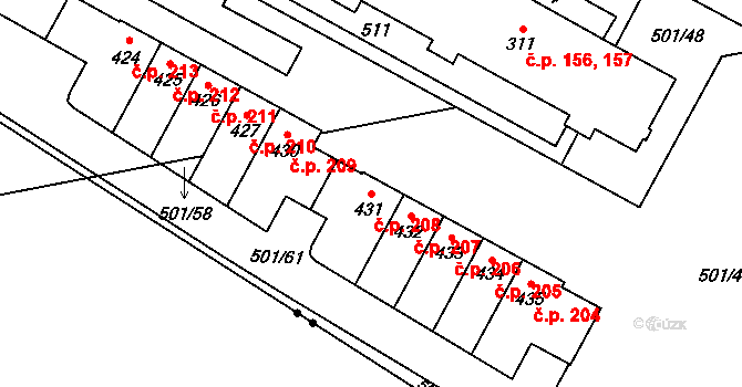 Černá za Bory 208, Pardubice na parcele st. 431 v KÚ Černá za Bory, Katastrální mapa