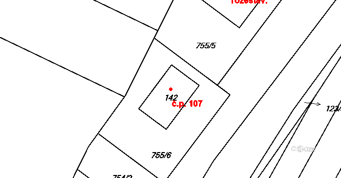 Horní Kamenice 107 na parcele st. 142 v KÚ Horní Kamenice u Staňkova, Katastrální mapa