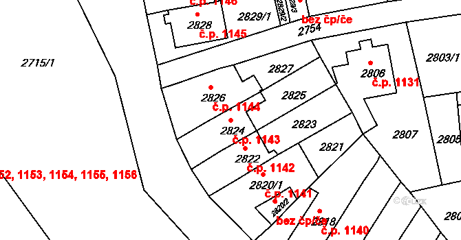 Bruntál 1143 na parcele st. 2824 v KÚ Bruntál-město, Katastrální mapa