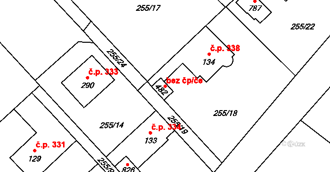Kamenice 39896986 na parcele st. 482 v KÚ Štiřín, Katastrální mapa