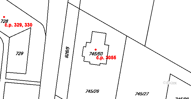Milovice 3055 na parcele st. 745/50 v KÚ Milovice nad Labem, Katastrální mapa