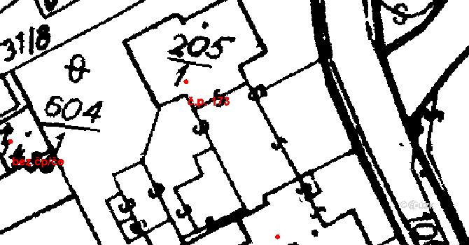 Hrochův Týnec 173 na parcele st. 205/1 v KÚ Hrochův Týnec, Katastrální mapa