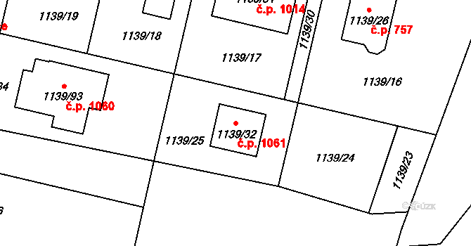 Vejprnice 1061 na parcele st. 1139/32 v KÚ Vejprnice, Katastrální mapa