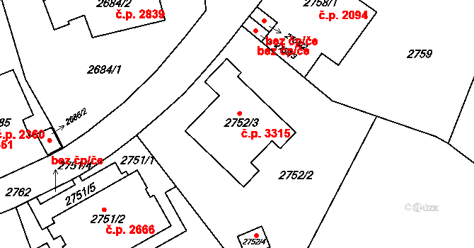 Smíchov 3315, Praha na parcele st. 2752/3 v KÚ Smíchov, Katastrální mapa