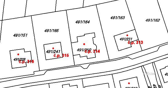 Kanice 314 na parcele st. 491/250 v KÚ Kanice, Katastrální mapa