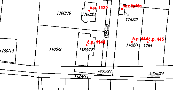 Vejprnice 1144 na parcele st. 1160/25 v KÚ Vejprnice, Katastrální mapa