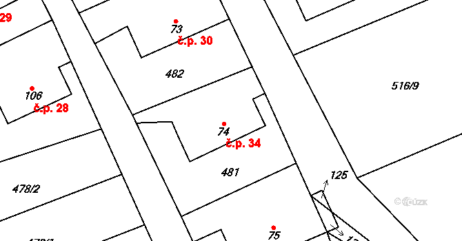 Klouzovy 34, Chotěboř na parcele st. 74 v KÚ Klouzovy u Chotěboře, Katastrální mapa
