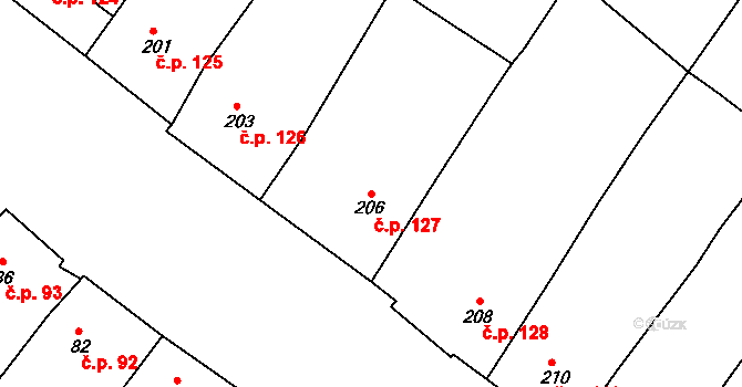 Perná 127 na parcele st. 206 v KÚ Perná, Katastrální mapa