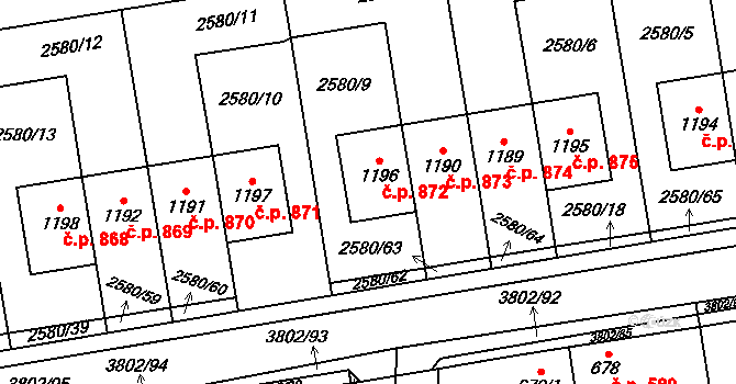 Dobřany 872 na parcele st. 1196 v KÚ Dobřany, Katastrální mapa