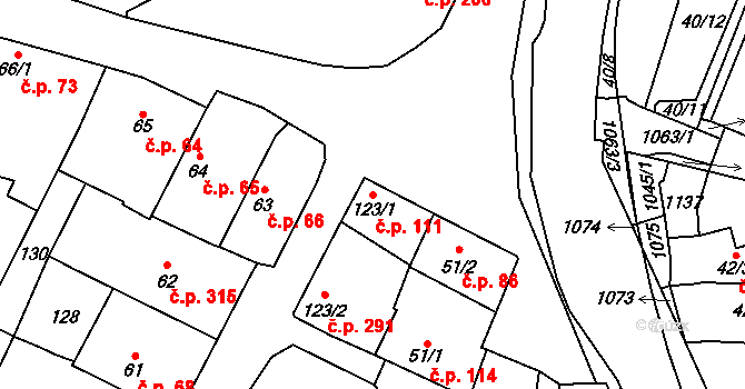 Přímětice 111, Znojmo na parcele st. 123/1 v KÚ Přímětice, Katastrální mapa