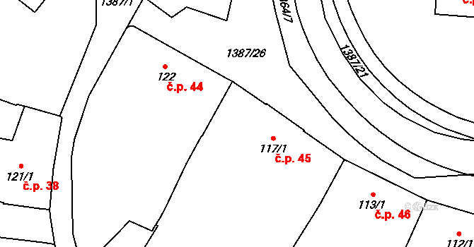 Vranov nad Dyjí 45 na parcele st. 117/1 v KÚ Vranov nad Dyjí, Katastrální mapa