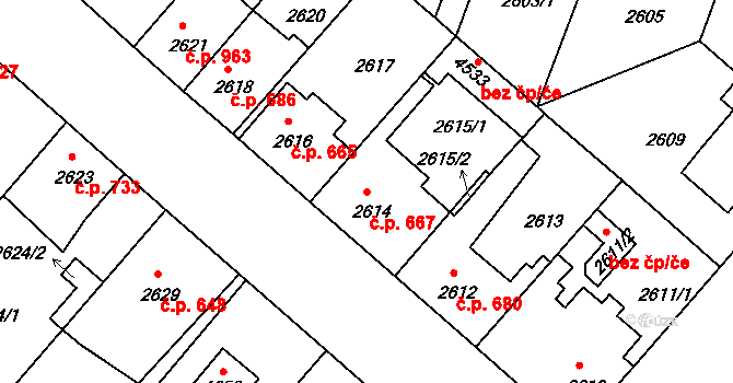 Čelákovice 667 na parcele st. 2614 v KÚ Čelákovice, Katastrální mapa