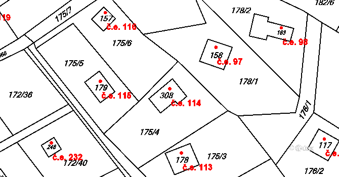 Heroltice 114 na parcele st. 308 v KÚ Heroltice u Tišnova, Katastrální mapa