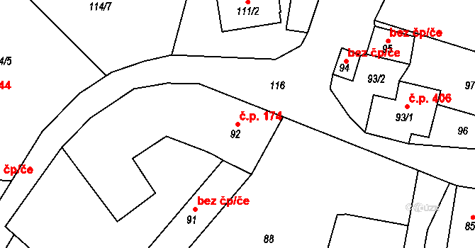 Moravský Beroun 174 na parcele st. 92 v KÚ Moravský Beroun, Katastrální mapa