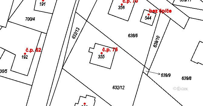 Radvánovice 75, Karlovice na parcele st. 355 v KÚ Karlovice, Katastrální mapa