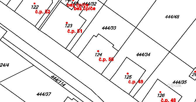 Podviní 50, Trnovany na parcele st. 124 v KÚ Trnovany u Litoměřic, Katastrální mapa
