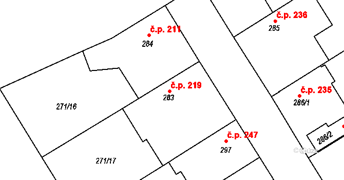 Dymokury 219 na parcele st. 283 v KÚ Dymokury, Katastrální mapa