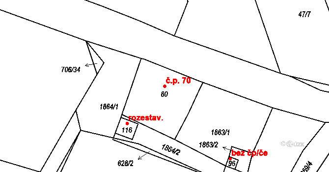 Kojákovice 70, Jílovice na parcele st. 80 v KÚ Kojákovice, Katastrální mapa