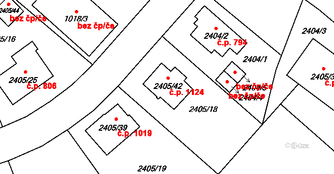Hostivař 1124, Praha na parcele st. 2405/42 v KÚ Hostivař, Katastrální mapa