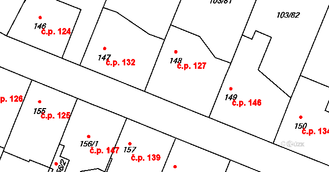Břežany II 127 na parcele st. 148 v KÚ Břežany II, Katastrální mapa