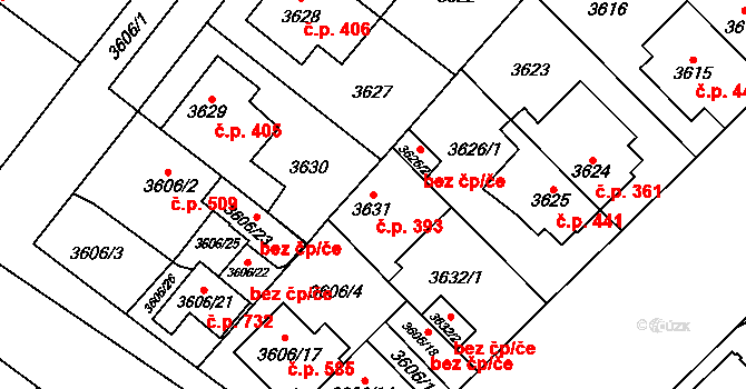 Božkov 393, Plzeň na parcele st. 3631 v KÚ Plzeň, Katastrální mapa