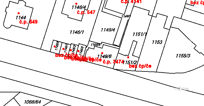 Mělník 3474 na parcele st. 1149/6 v KÚ Mělník, Katastrální mapa
