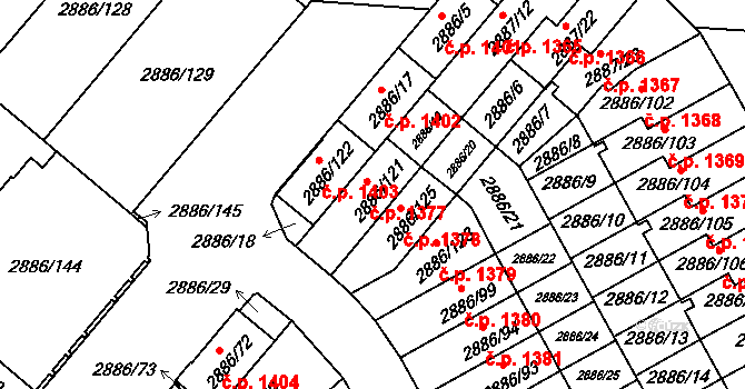Kyje 1377, Praha na parcele st. 2886/121 v KÚ Kyje, Katastrální mapa