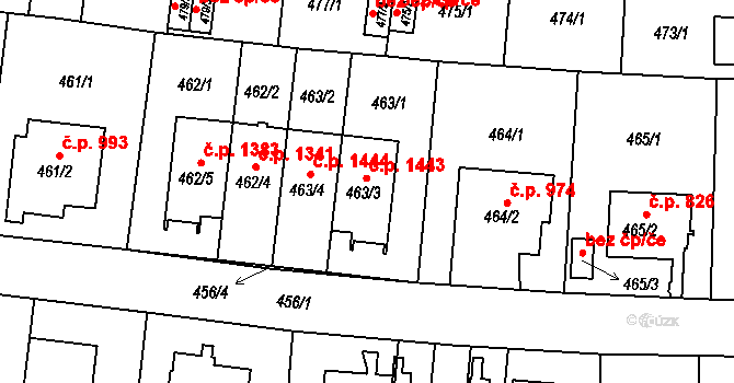 Hostivař 1443, Praha na parcele st. 463/3 v KÚ Hostivař, Katastrální mapa