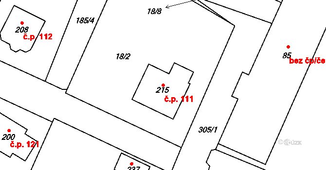 Stránecká Zhoř 111 na parcele st. 215 v KÚ Stránecká Zhoř, Katastrální mapa
