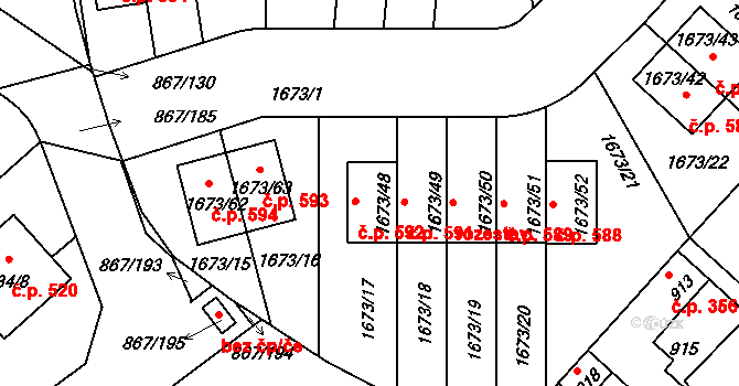 Hřebeč 592 na parcele st. 1673/48 v KÚ Hřebeč, Katastrální mapa