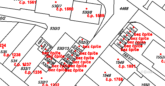 Teplice 45128987 na parcele st. 532/3 v KÚ Teplice-Trnovany, Katastrální mapa