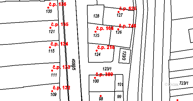 Vlčnov 218 na parcele st. 124 v KÚ Vlčnov, Katastrální mapa
