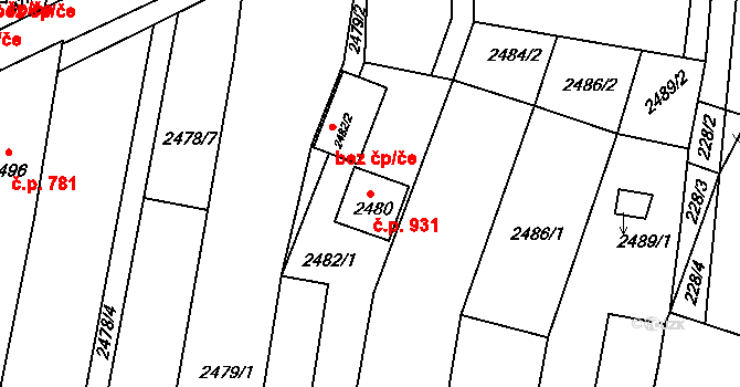 Klobouky u Brna 931 na parcele st. 2480 v KÚ Klobouky u Brna, Katastrální mapa