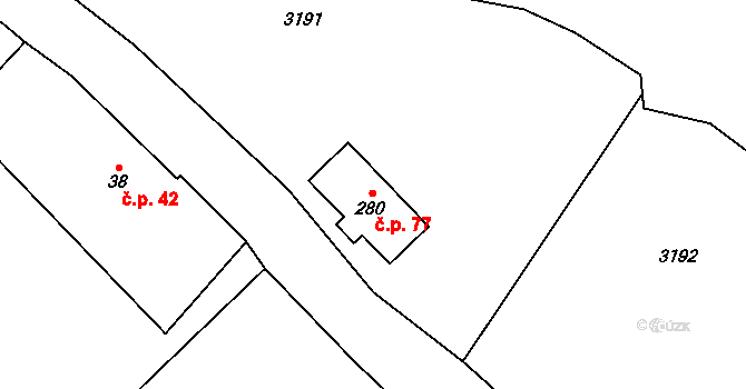 Orlické Záhoří 77 na parcele st. 280 v KÚ Kunštát u Orlického Záhoří, Katastrální mapa