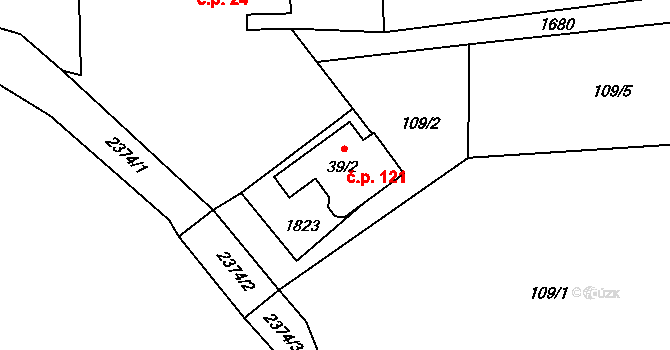 Čaková 121 na parcele st. 39/2 v KÚ Čaková, Katastrální mapa