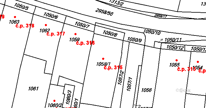 Mohelnice 315 na parcele st. 1058/1 v KÚ Mohelnice, Katastrální mapa