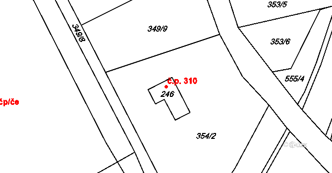 Lubina 310, Kopřivnice na parcele st. 246 v KÚ Drnholec nad Lubinou, Katastrální mapa