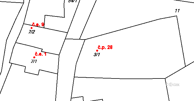 Mileč 28 na parcele st. 3/1 v KÚ Mileč, Katastrální mapa