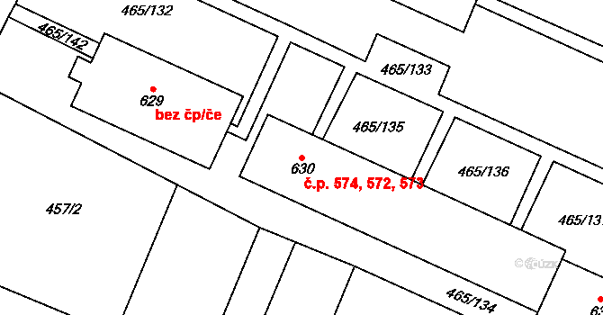 Přímětice 572,573,574, Znojmo na parcele st. 630 v KÚ Přímětice, Katastrální mapa