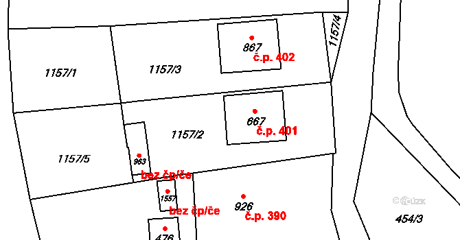 Vranov nad Dyjí 401 na parcele st. 667 v KÚ Vranov nad Dyjí, Katastrální mapa