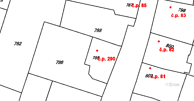 Hustopeče nad Bečvou 290 na parcele st. 785 v KÚ Hustopeče nad Bečvou, Katastrální mapa