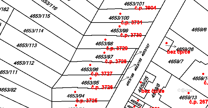 Jihlava 3728 na parcele st. 4653/97 v KÚ Jihlava, Katastrální mapa