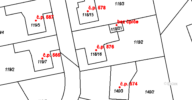 Lyžbice 576, Třinec na parcele st. 118/16 v KÚ Lyžbice, Katastrální mapa