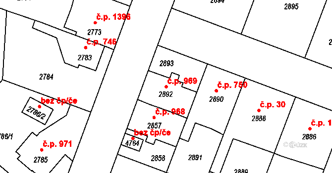 Čelákovice 969 na parcele st. 2892 v KÚ Čelákovice, Katastrální mapa