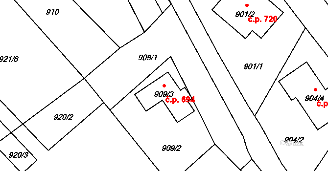 Arnultovice 694, Nový Bor na parcele st. 909/3 v KÚ Arnultovice u Nového Boru, Katastrální mapa