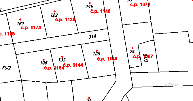 Švermov 1145, Kladno na parcele st. 125 v KÚ Hnidousy, Katastrální mapa