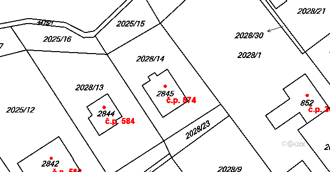 Ostravice 574 na parcele st. 2845 v KÚ Ostravice 1, Katastrální mapa