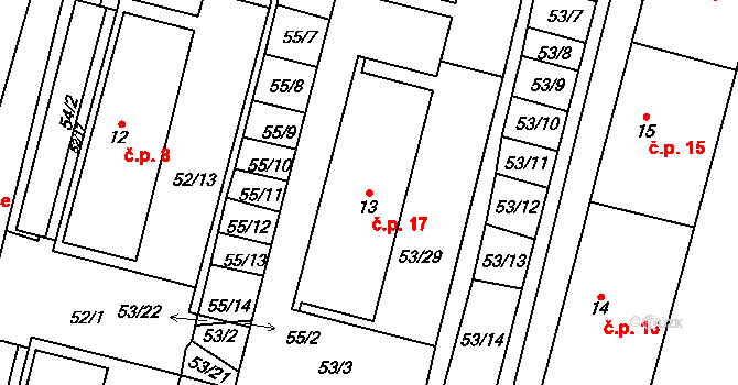 Josefův Důl 17 na parcele st. 13 v KÚ Josefův Důl u Mladé Boleslavi, Katastrální mapa