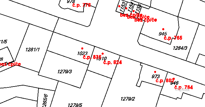Stříbro 824 na parcele st. 1010 v KÚ Stříbro, Katastrální mapa